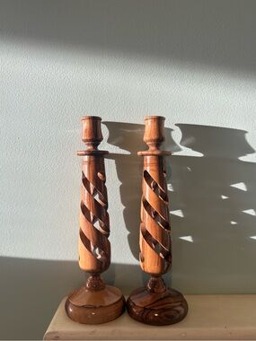 pair of vintage, hand-carved olive wood spiral candlestick holders 🫒